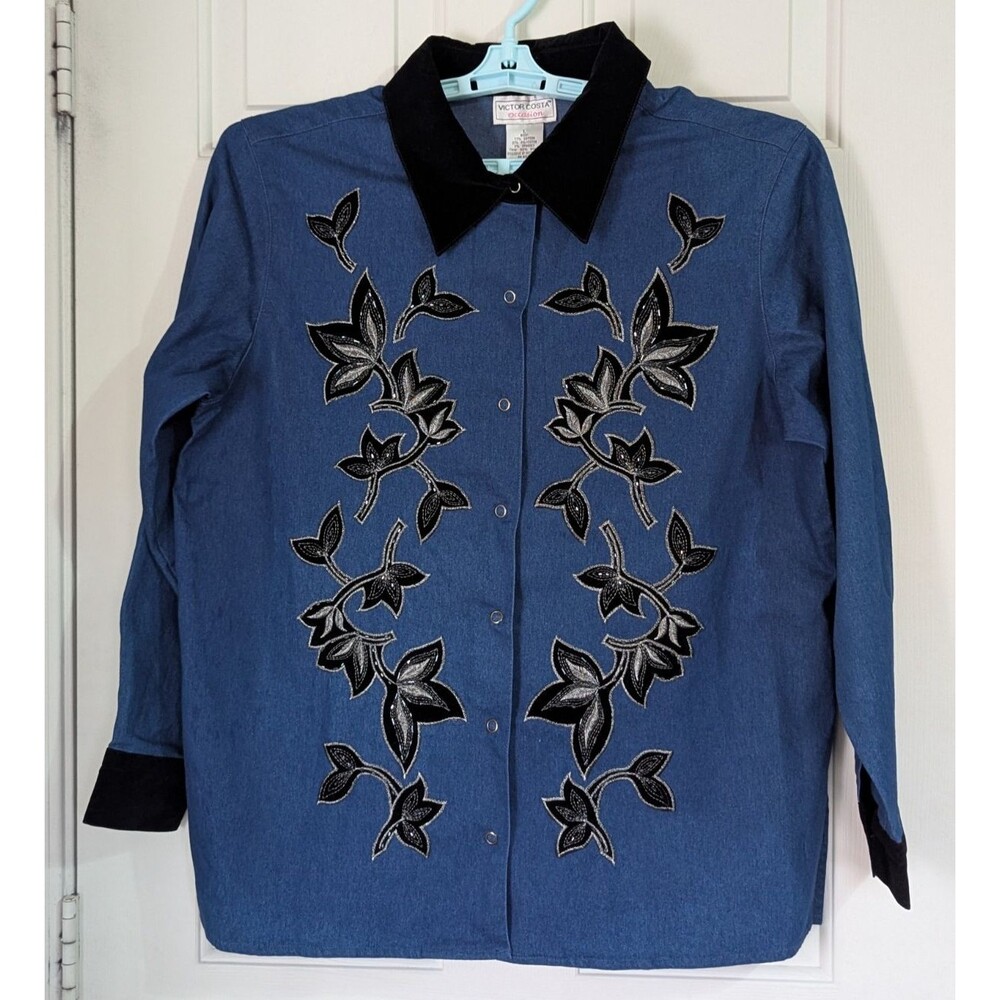 Victor Costa Denim Velvet Snap Shirt Womens Large L/S Floral Embroidered Beaded